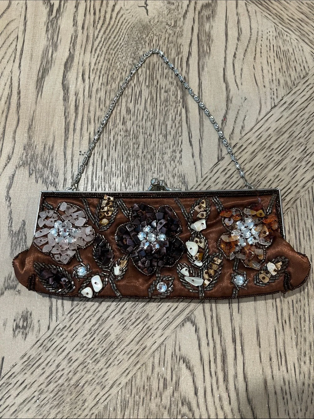 Embellished Brown Satin Evening Clutch